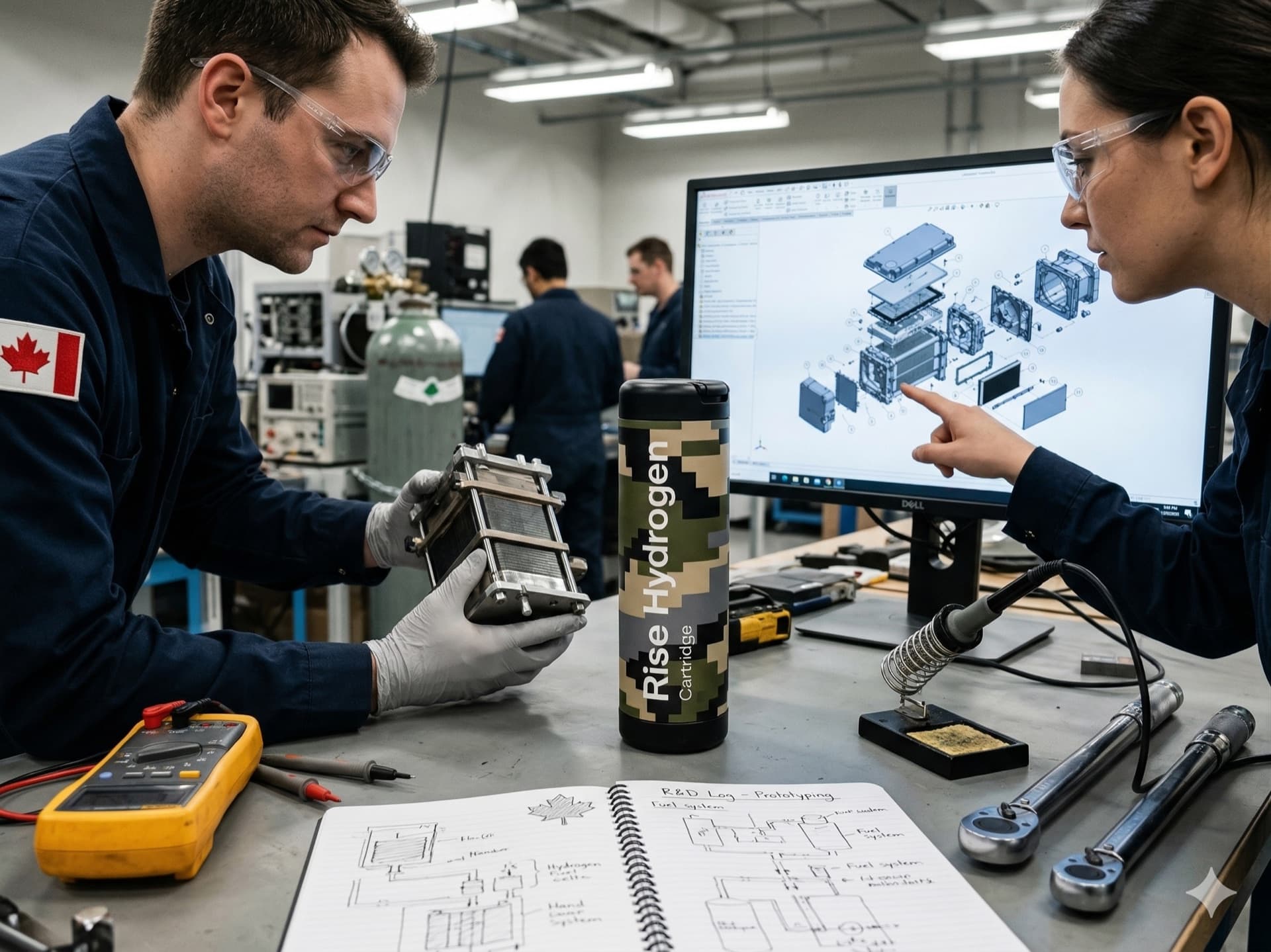 Rise Power engineers reviewing a fuel cell stack and CAD exploded view.