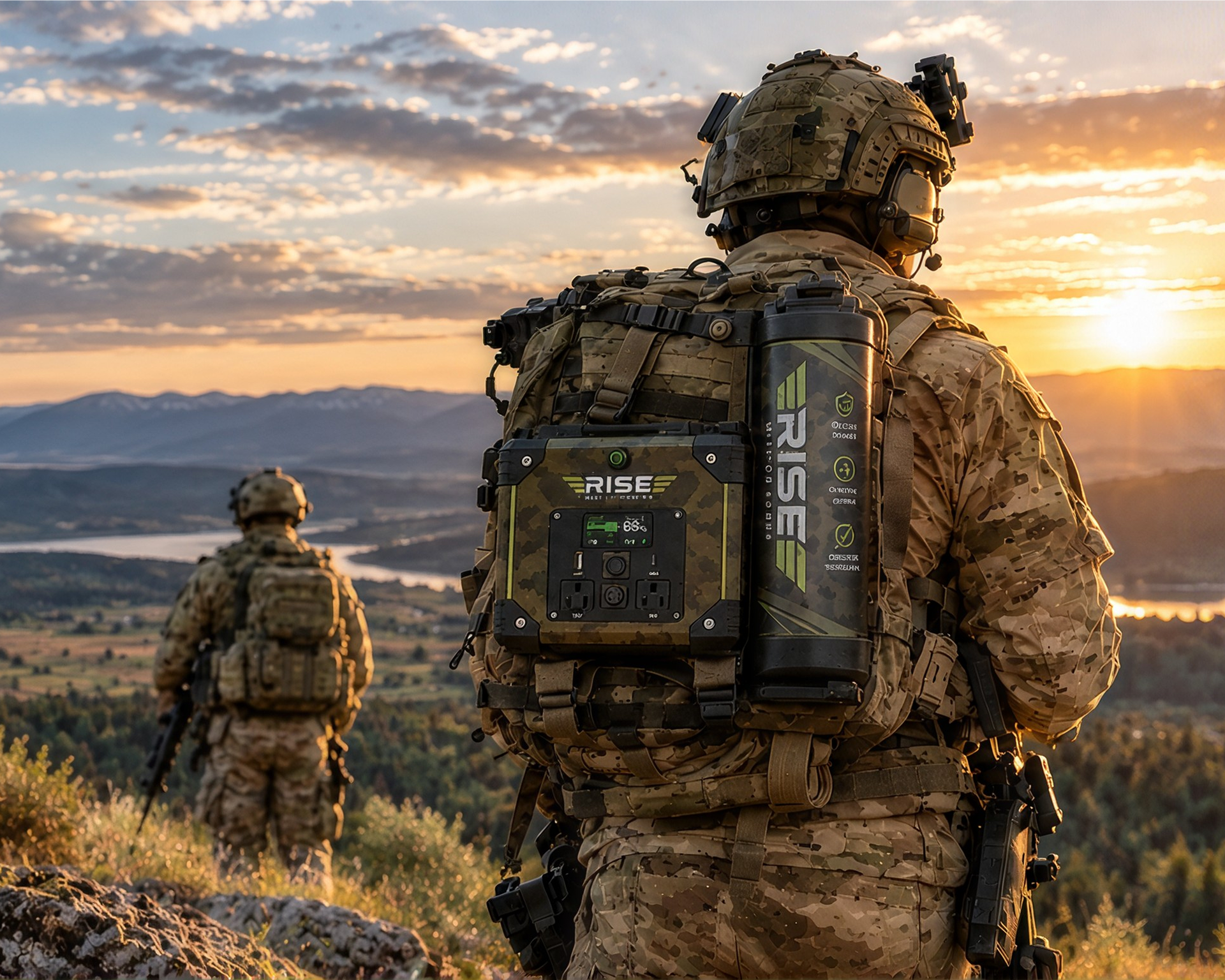 Soldiers with Rise Mission Power packs overlooking a mountain ridge at sunset