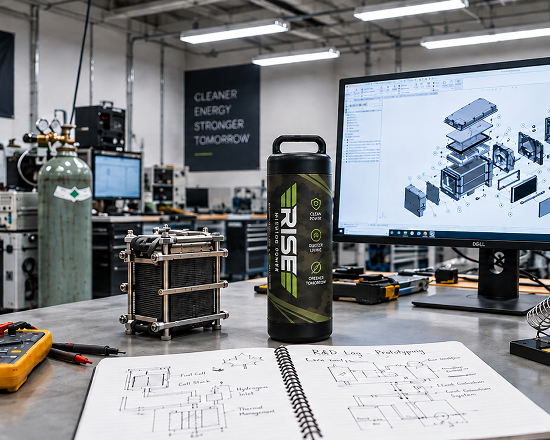 Rise hydrogen R&D lab bench with prototyping tools and CAD workstation
