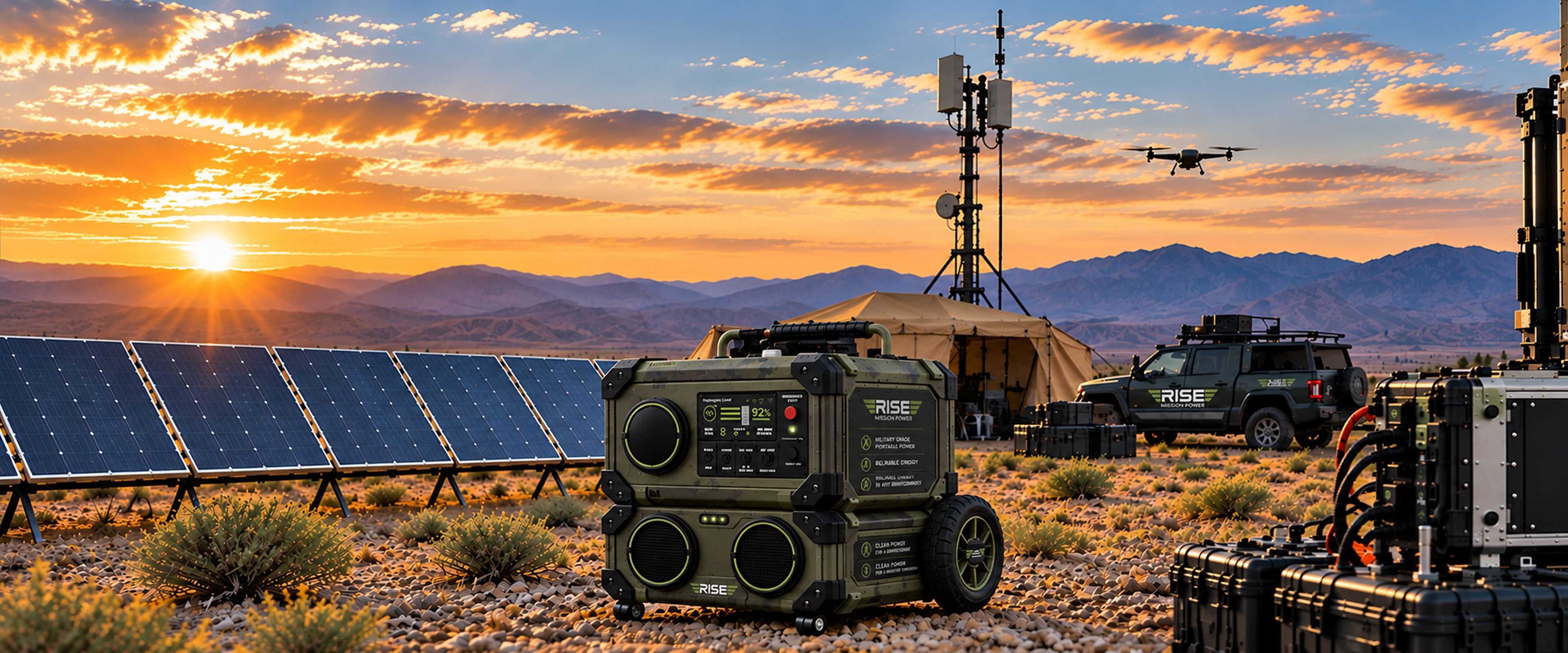 Rise portable power unit at a desert field camp with solar panels, tent, communications tower, and drone at sunset