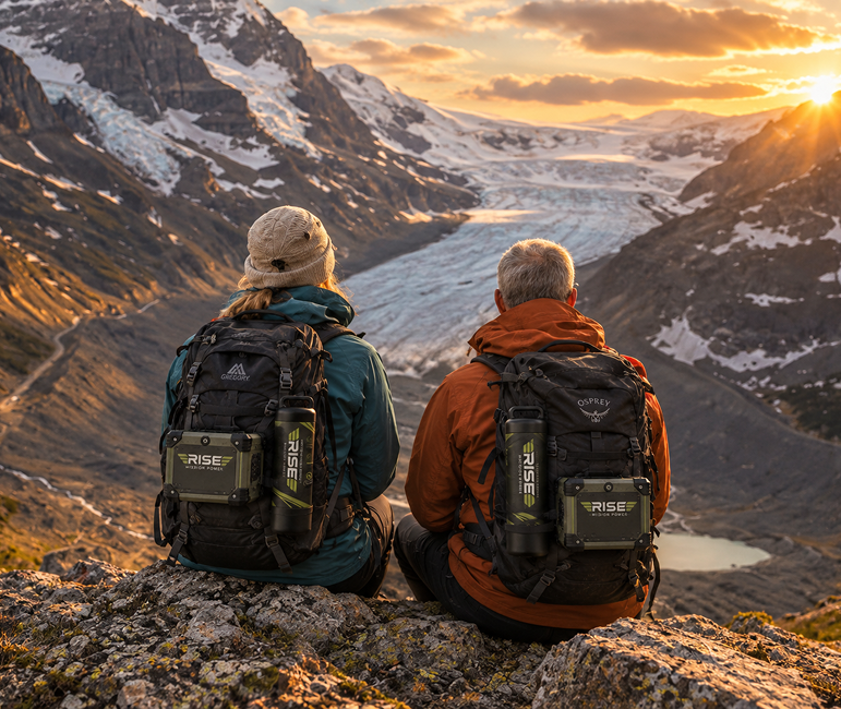 Two hikers facing glacier mountains