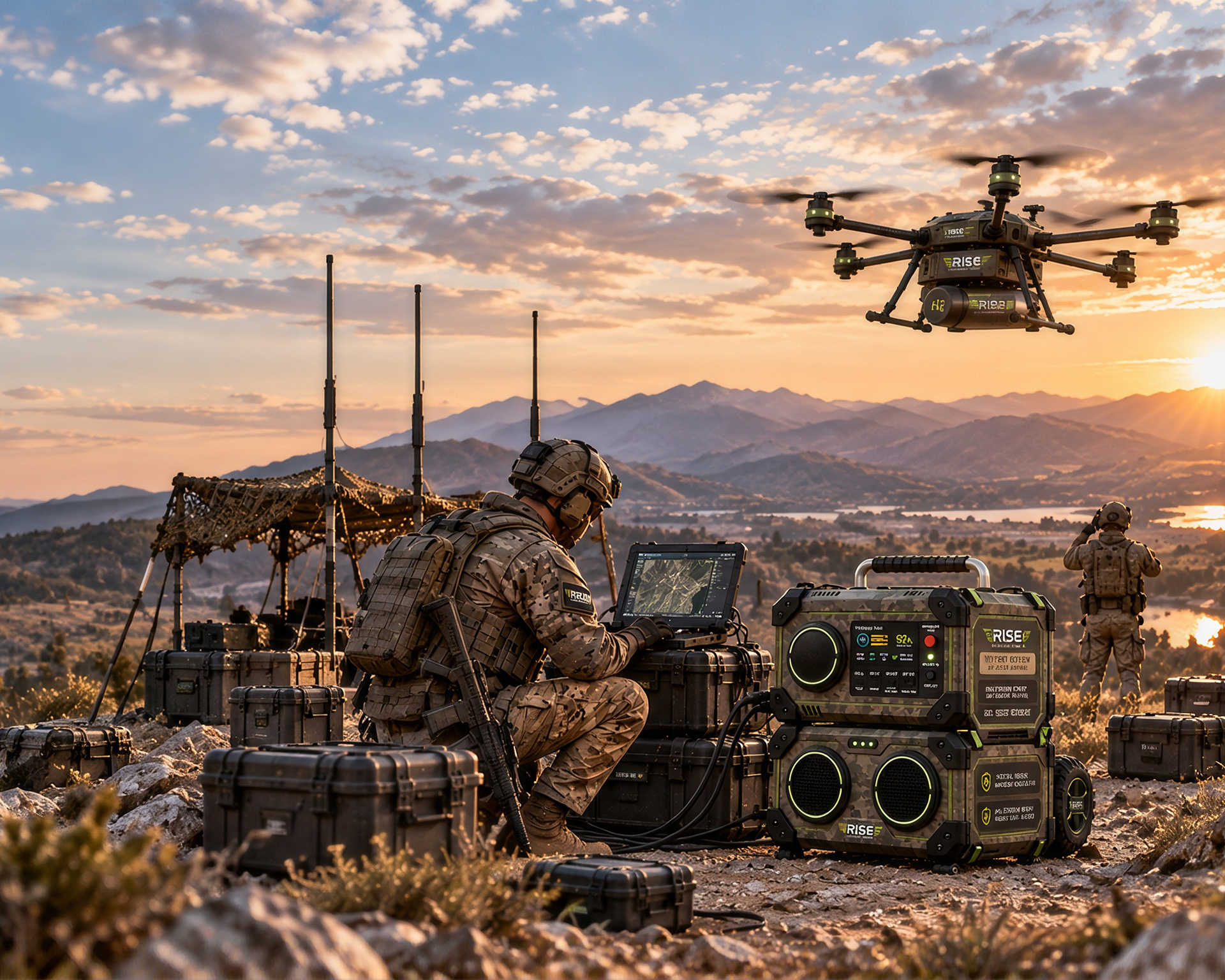 Soldier with Rise Power systems and drone at a mountain overlook