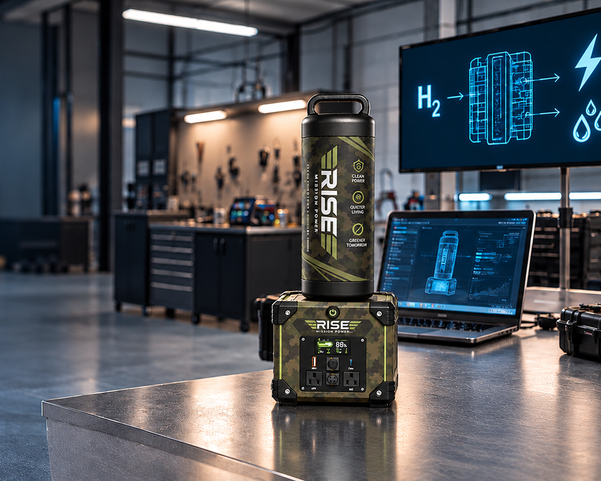 Rise portable power units and hydrogen cartridge on a workshop bench