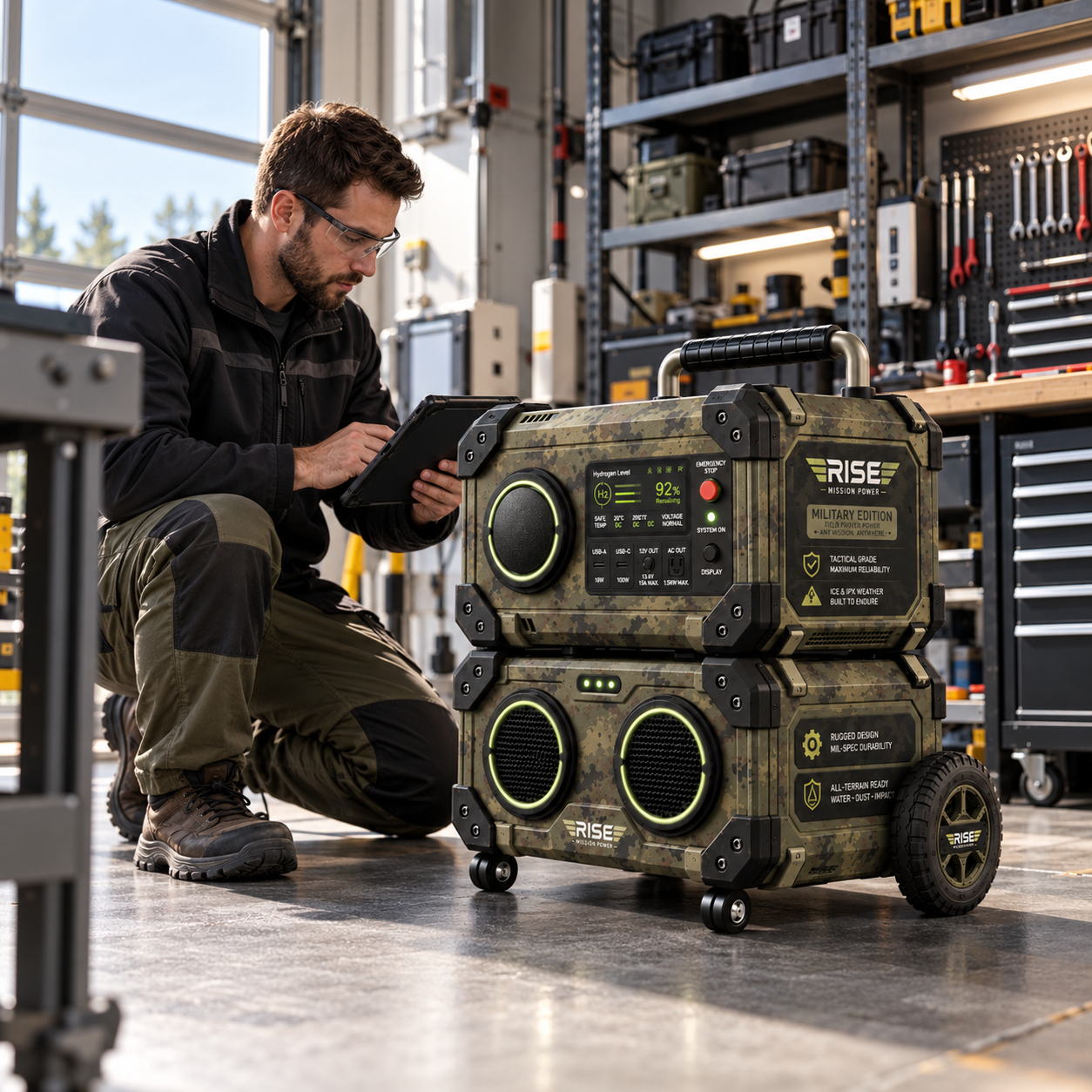 Technician inspecting a rugged mission generator