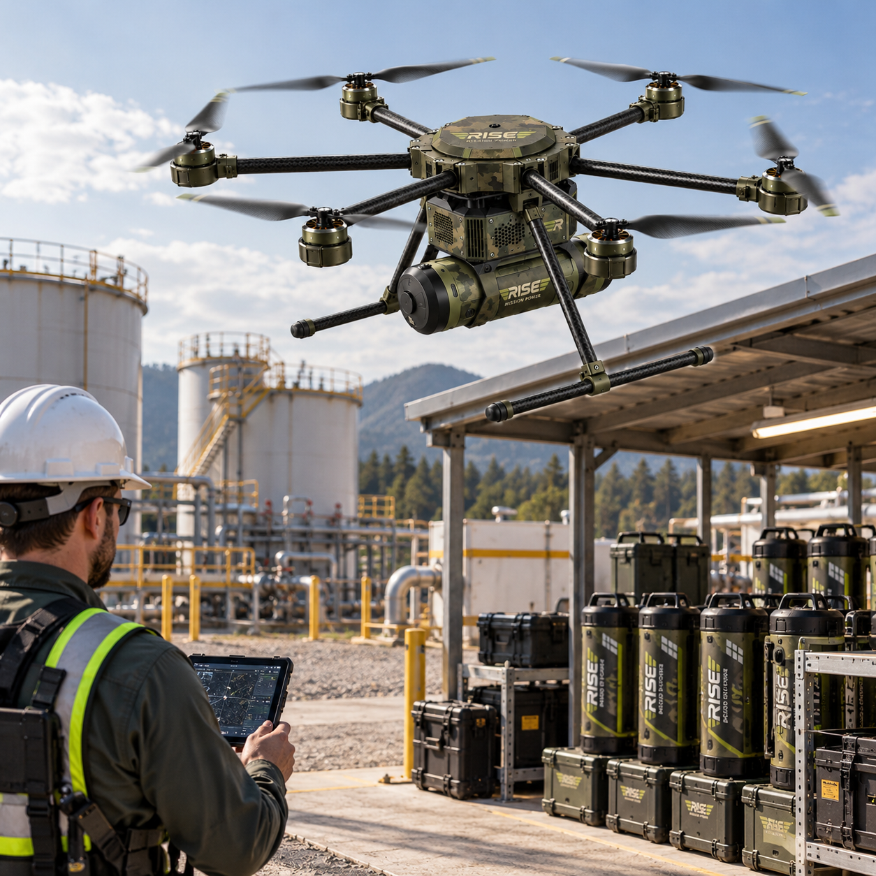 Industrial drone operations facility powered by hydrogen backup