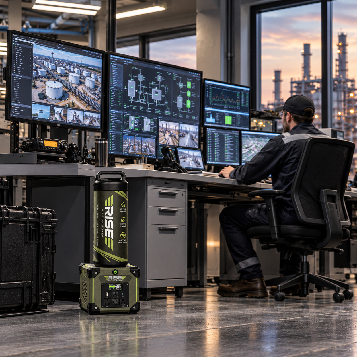 Industrial control room at dusk with mission-critical backup power