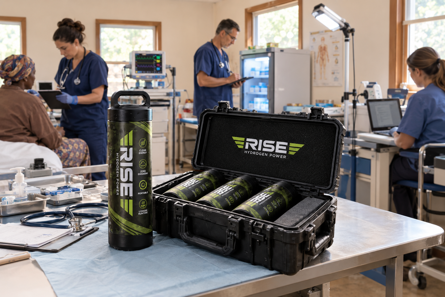 Rise hydrogen cartridges and open hard case on a medical table in a clinic with healthcare workers treating a patient in the background