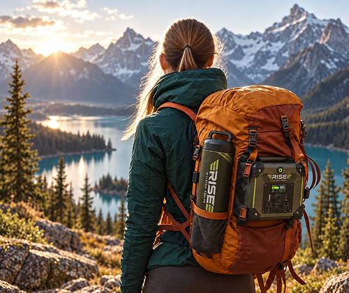 Hiker overlooking a turquoise alpine lake and snow-capped mountains at sunrise with a Rise portable power unit strapped to an orange backpack