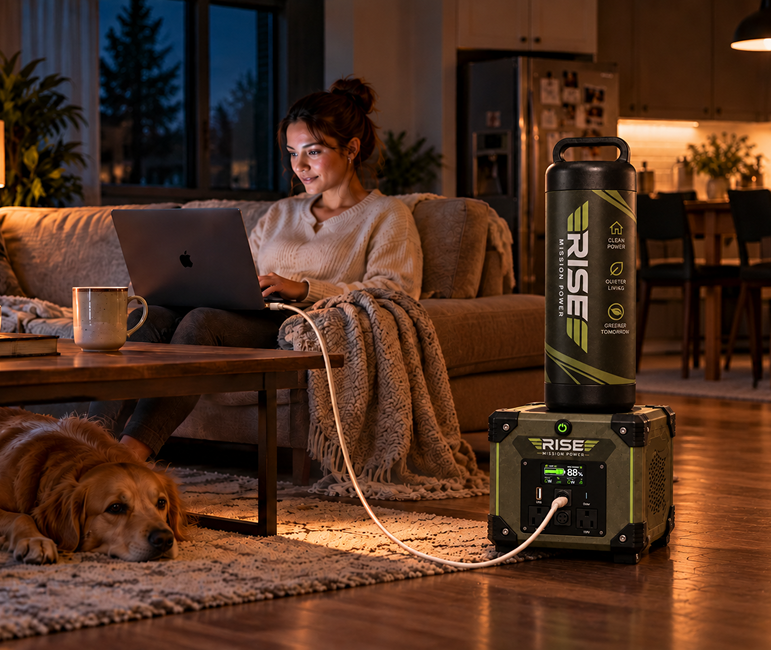 Woman working on a laptop in a living room at night with a Rise portable power unit and hydrogen cylinder nearby and a dog resting on the rug