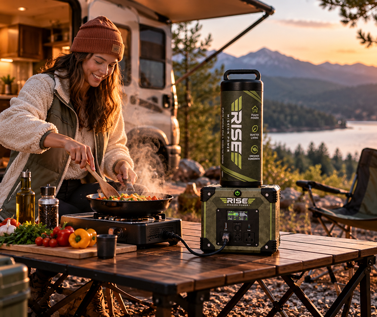 Camper cooking at an RV site at sunset with a Rise portable power unit powering an electric cooktop on a folding table