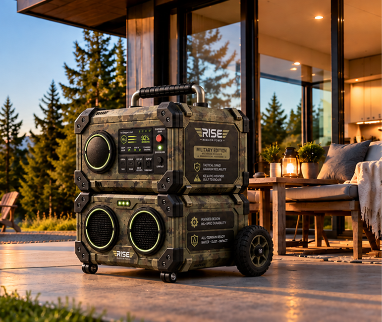 Rise portable power system on a stone patio at dusk beside a modern glass home