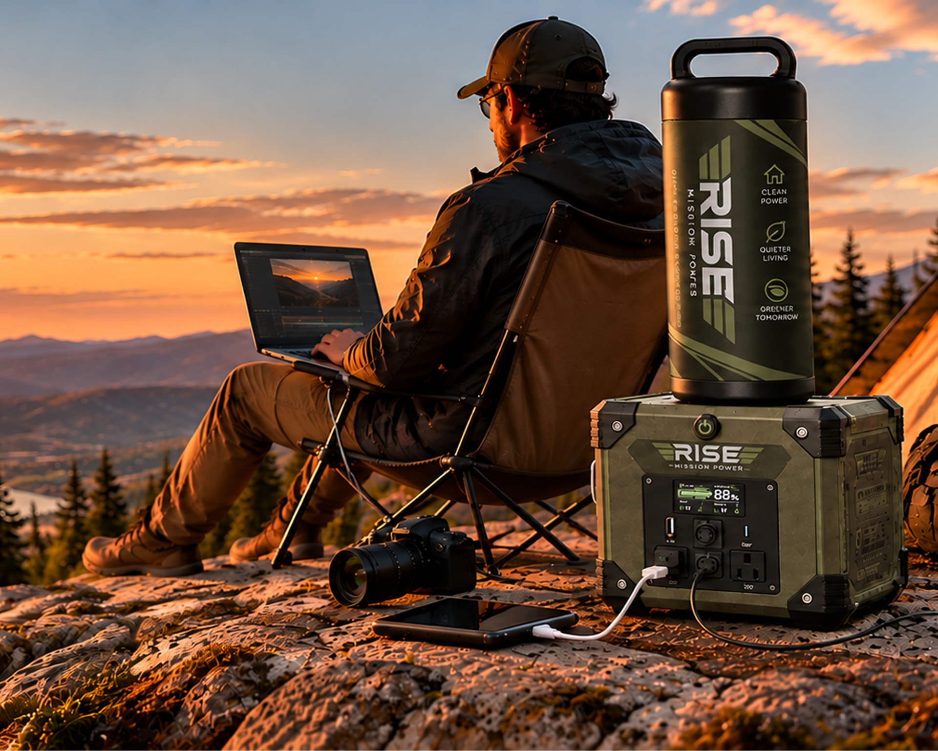 Camper using a laptop powered by Rise portable hydrogen system at a mountain overlook at sunset