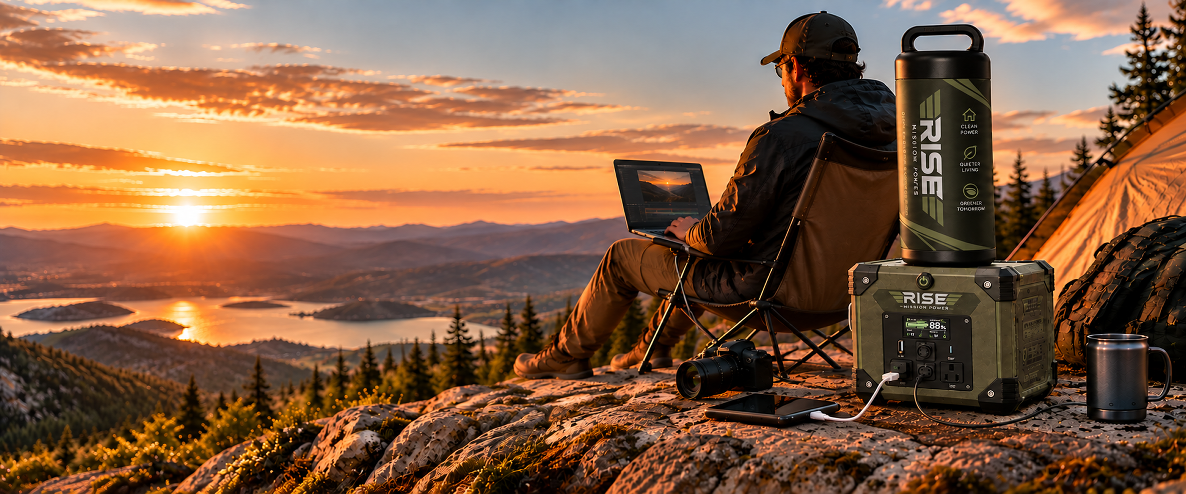 Camper using a laptop powered by Rise portable hydrogen system at a mountain overlook at sunset