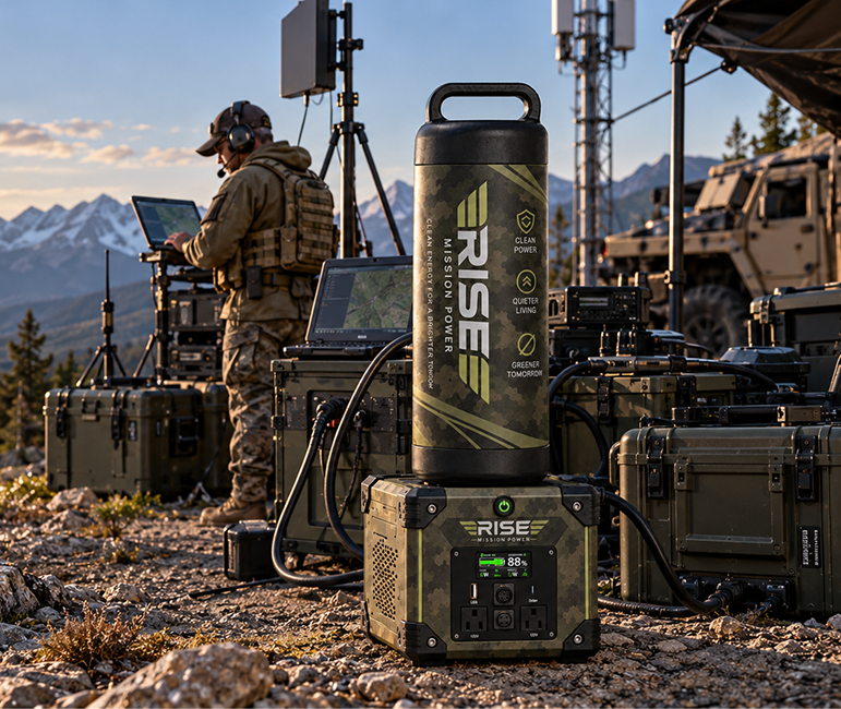 Rise Mission Power unit and hydrogen cylinder at a mountain forward post with a tactical operator on a rugged laptop and a communications tower nearby