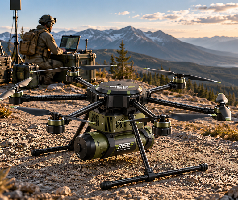 Rise Mission Power octocopter on a rocky mountain ridge at golden hour with an operator running flight control from rugged cases nearby