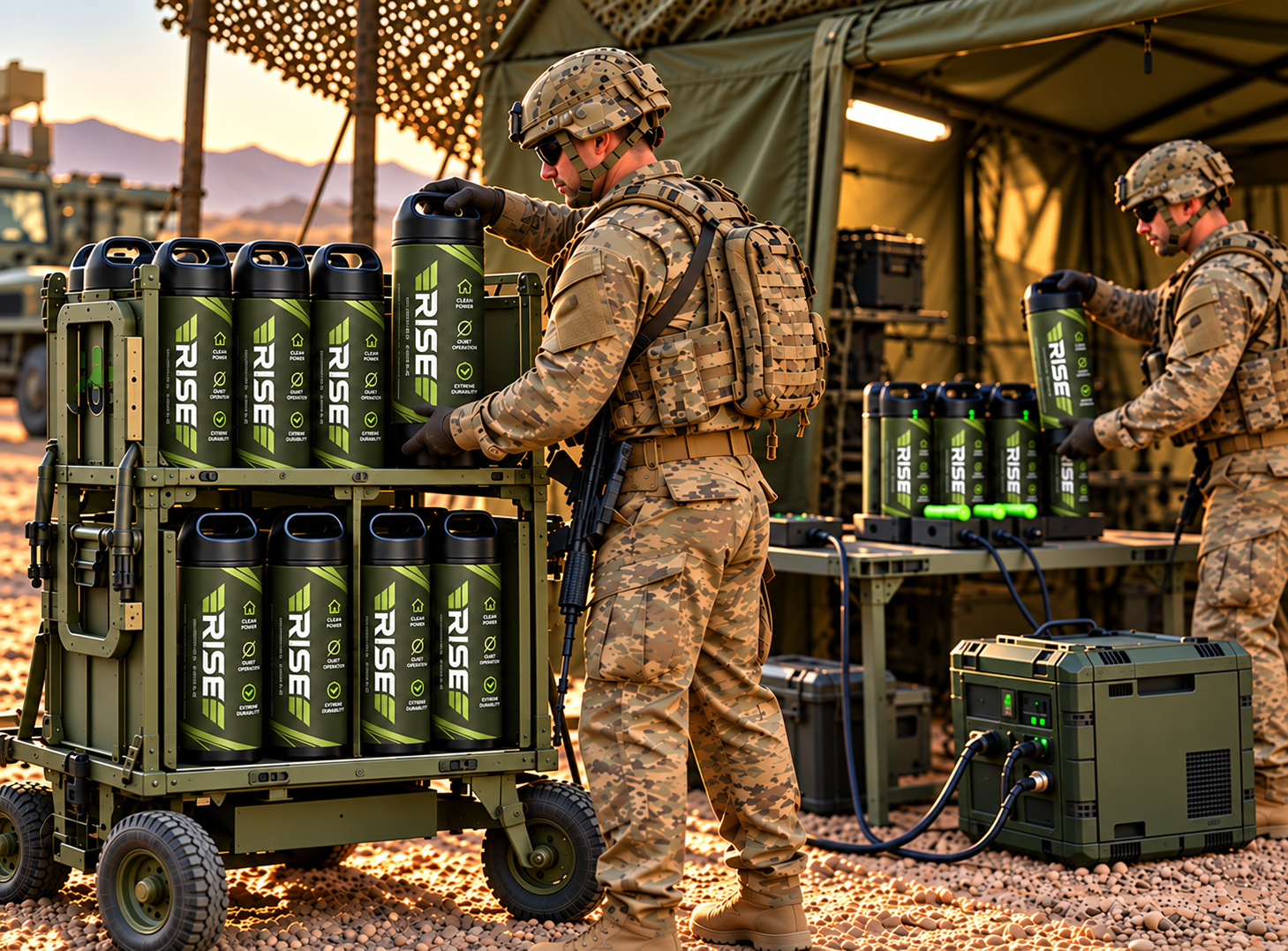 Soldiers loading Rise hydrogen cartridges onto a wheeled cart at a desert forward operating base at golden hour