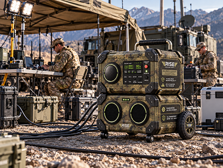 Stacked Military Edition Rise Mission Power units on wheels at a desert forward operating base with soldiers running command and communications gear