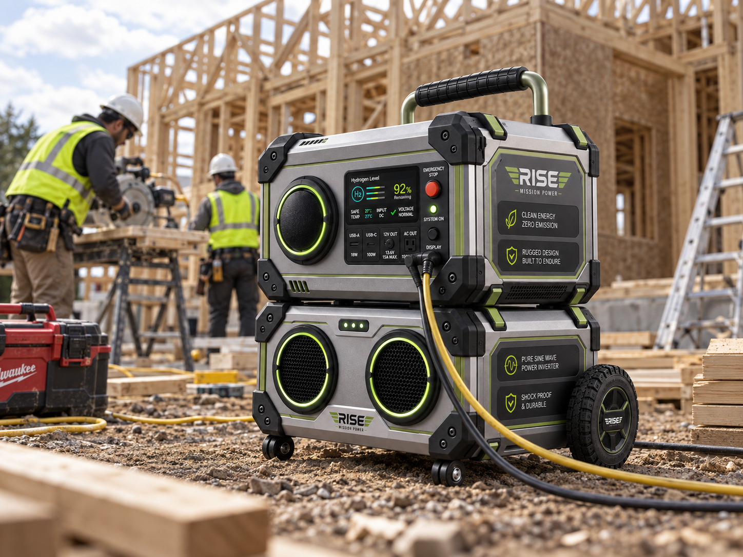 Rise-Titan portable generator powering tools on a construction site